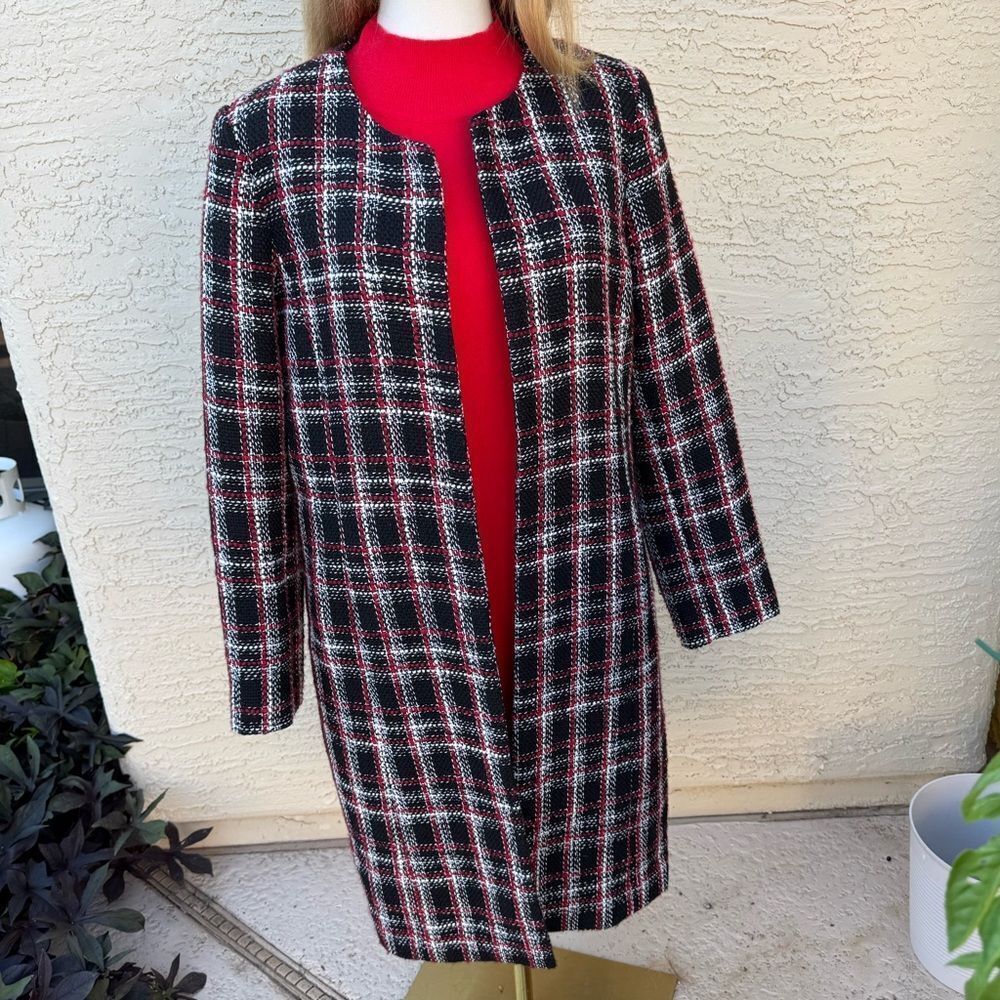 Calvin Klein Plaid Tweed Long Jacket Coat Black Red White Size 12 EUC Lined